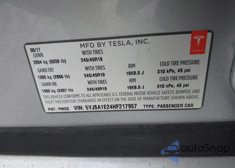 2017 Tesla Model S 100D/60D/75D/90D/P100D из США, поврежденный, VIN 5YJSA1E24HF217957